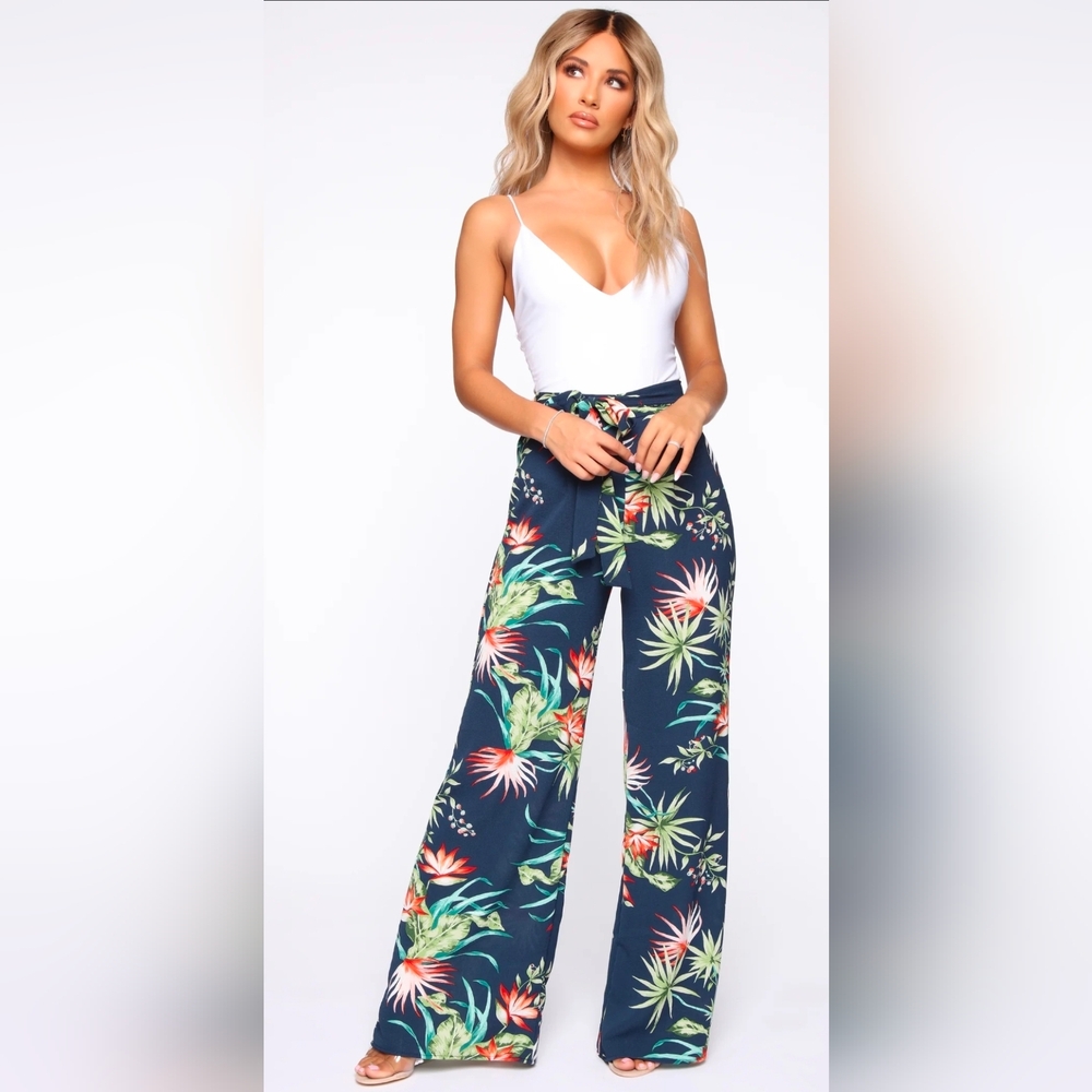 Fashion Nova Tropic Babe Tie Waist Pants - Navy Wide-Leg Pants